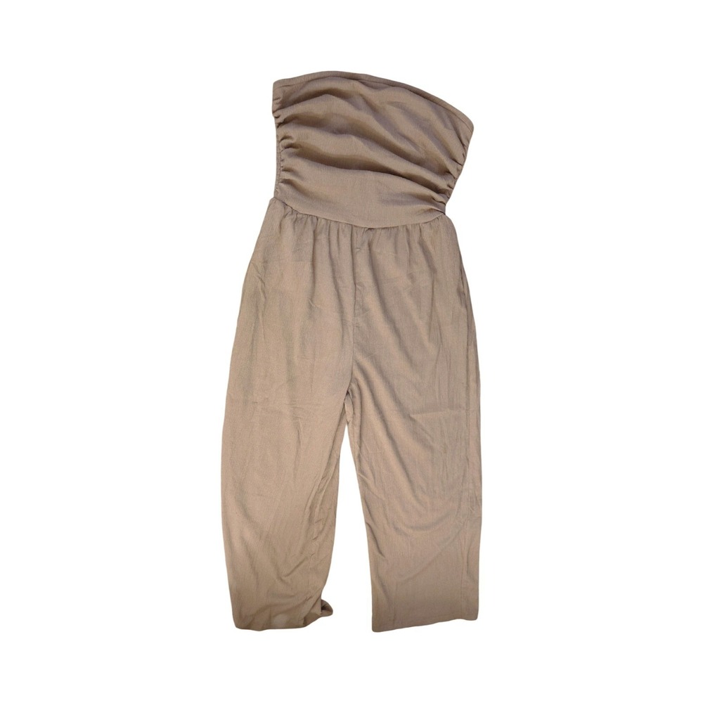 Strapless Wide Leg Smocked Jumpsuit Tan Neutral Textured Summer Boho